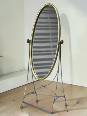 Oval Vanity Mirror, Brass Frame with Gunmetal Base, 23-inch Height