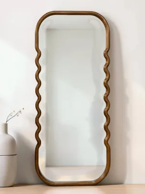Oversized Floor Mirror, Pine Wood Frame, 31.4 x 1.4 x 74 Inches, Brown