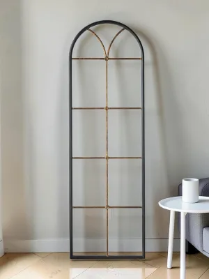 Arched Floor Mirror, Black and Gold Windowpane Metal Frame, 23.5x74.5 Inch