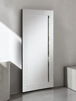 Accent Floor Mirror, Mosaic Style Beveled Mirrored Frame, 32 x 71 Inch, Silver