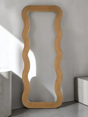 Full Length Floor Mirror, Contemporary Wave Design, Brown Wood Frame, 24 x 60 Inches