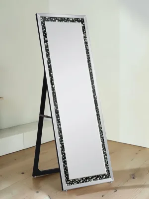 Glam Floor Mirror with Faux Crystal Inlays, Rectangular Beveled Glass, 22"L x 2"D x 63"H