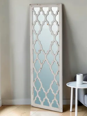 Full Length Floor Mirror, Distressed White Wood Frame, 24 x 60 Inch Rectangular Wall Mounted Mirror