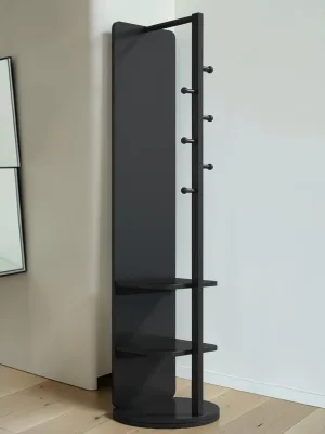 360° Rotating Full Length Mirror, Solid Rubber Wood Floor Mirror with Coat Rack and Storage Hook, 66x14 Inch, Black