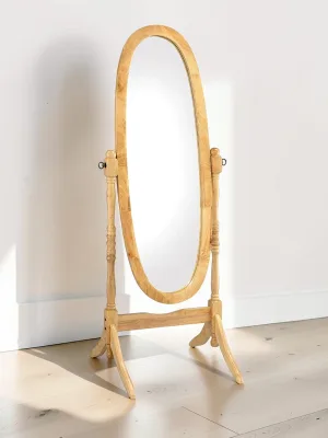 59.25' Tall Standing Wooden Floor Mirror, Oval Cheval Style, Natural Finish