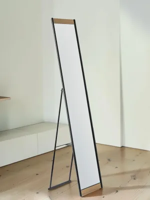 Cheval Standing Floor Mirror, Metal and Manufactured Wood, Matte Black and Natural Finish, 60.25 Inch
