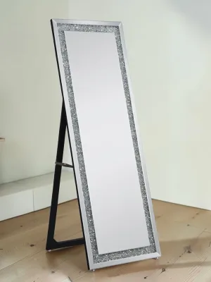 Glam Floor Mirror with Faux Diamonds Inlays, Rectangular Mirrored Frame, 22"L x 2"D x 63"H